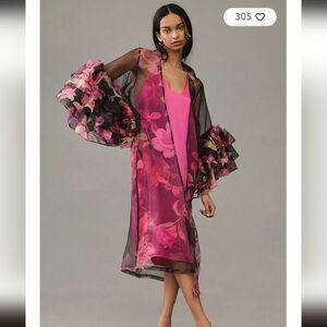 By Anthropologie sheer ruffle-sleeve kimono in black And Purple OSFA